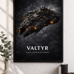 May include: Black framed print featuring a detailed illustration of a futuristic spaceship against a starry background. The text reads "INTERSTELLAR WARFLEET" and "VALTYR HIGH COMMAND VESSEL". The spaceship is dark with illuminated sections.