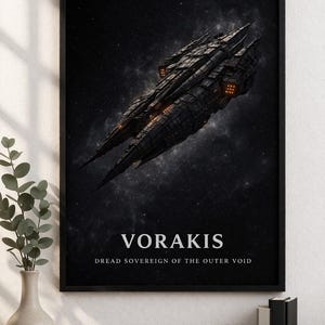 Könnte beinhalten: Schwarz gerahmter Kunstdruck mit einer detaillierten Illustration eines futuristischen Raumschiffs vor einem Sternenhintergrund. Der Text "INTERSTELLAR WARFLEET" und "VORAKIS DREAD SOVEREIGN OF THE OUTER VOID" sind in Weiß dargestellt.
