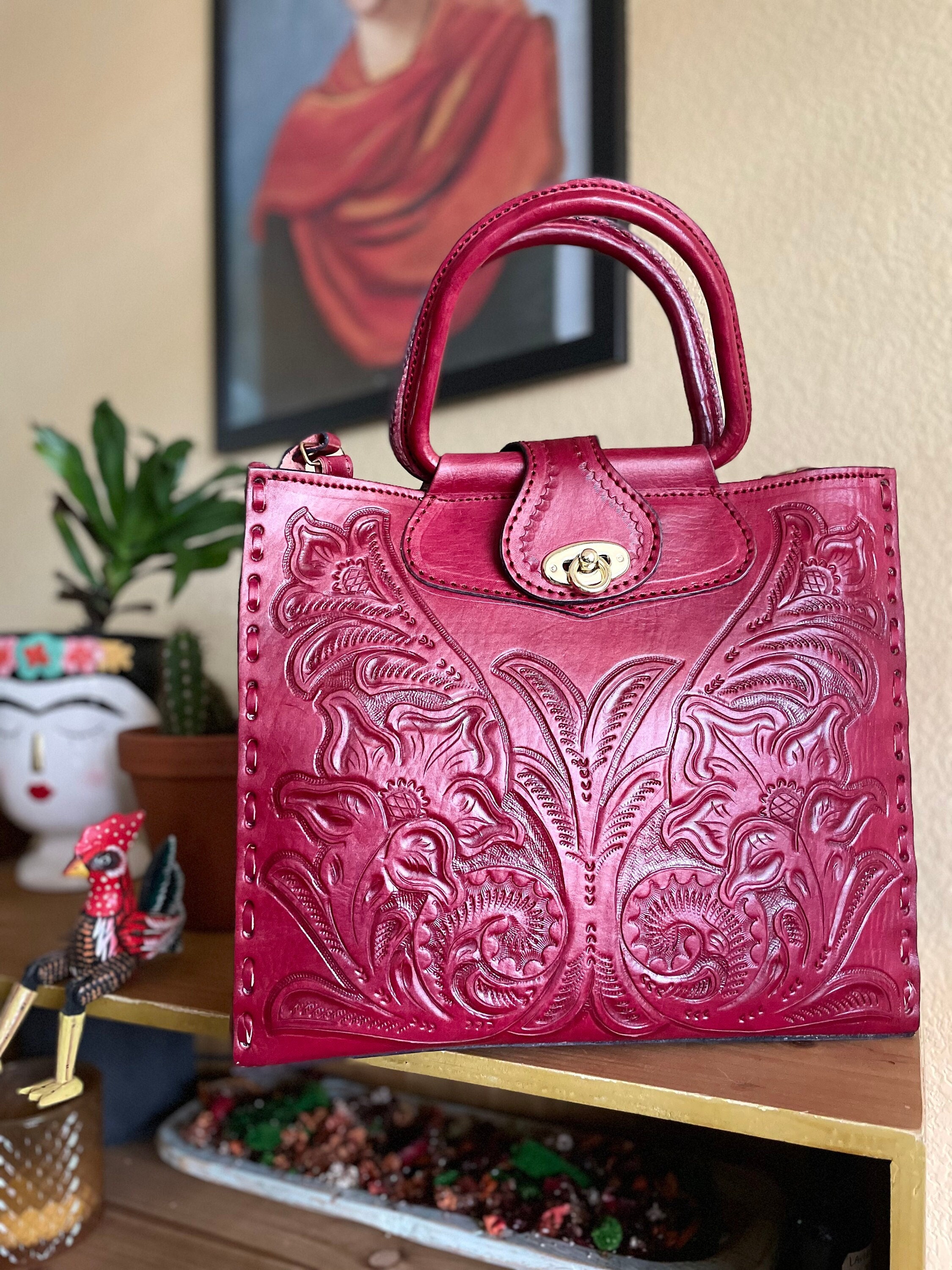 Handmade Mexican Leather Bag Hand-tooled Embossed Leather 