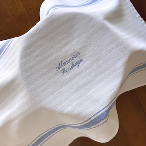 Op de afbeelding: Witte keukendoek met blauwe strepen en de geborduurde tekst "Alexandra's Sourdough". De doek is opgevouwen en toont de textuur van de stof. Blauwe strepen lopen langs de randen.