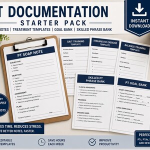 Puede incluir: Un paquete de inicio de documentación de fisioterapia que incluye un portapapeles con una plantilla de notas SOAP, junto con plantillas impresas para entrenamiento de marcha, ejercicios terapéuticos, equilibrio, frases y objetivos.