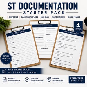 May include: Three wooden clipboards displaying ST Documentation Starter Pack templates including SOAP notes, speech therapy evaluation forms, and goal bank examples. The documents feature headings, lines for writing, and text for medical SLPs in SNF, HH, OP, and school settings.