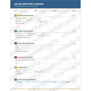 May include: A sales meeting agenda template with a blue header and white background. The agenda includes sections for previous period review, current period pacing, focus areas, individual recognition, training topics, and action items. The text is in black.