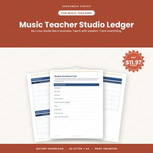 Op de afbeelding: Een digitaal muziekdocent studio-register met een inschrijvingskaart voor studenten en een logboek voor lesnotities. Het document bevat velden voor de naam van de student, geboortedatum, leerjaar, hoofdinstrument, inschrijfdatum en lesduur.