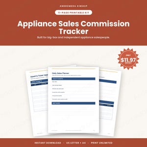 Puede incluir: Un kit imprimible de 11 páginas para el seguimiento de comisiones de venta de electrodomésticos de Andromeda Kinship. Incluye un planificador de ventas diario con secciones para objetivos, unidades vendidas y notas de turno.