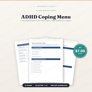 Könnte beinhalten: Ein 14-seitiges, druckbares ADHD Coping Menu-Paket mit einem Toolkit, das Abschnitte zur Regulationsbasis und zu Warnsignalen enthält. Das Dokument zeigt Textüberschriften wie How to Use This Toolkit und Activating for shutdown/freeze.