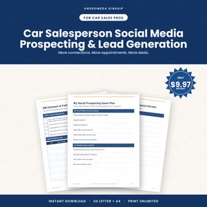 Könnte beinhalten: Ein digitales Dokument mit dem Titel Car Salesperson Social Media Prospecting & Lead Generation mit Abschnitten für My Social Prospecting Game Plan, DM Outreach & Follow-up und Performance Review. Ein blaues Sternabzeichen zeigt den Text ONLY $9.97 INSTANT.