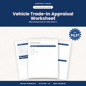 Vehicle Trade-In Appraisal Worksheet Printable | Used Car Valuation Form | Auto Dealer Trade Sheet Template