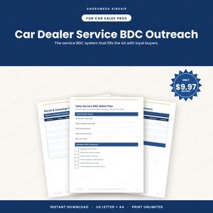 May include: A digital document titled Car Dealer Service BDC Outreach featuring a Daily Service BDC Battle Plan with sections for goals and a morning prep checklist. The layout includes blue headers and white paper sheets with text.