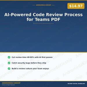 Op de afbeelding: Een advertentie voor een digitale download met een donkerblauwe achtergrond. De tekst luidt "AI-Powered Code Review Process for Teams PDF". Het benadrukt functies zoals het verkorten van de beoordelingstijd. De prijs is $14,97.