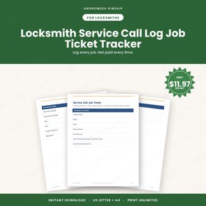May include: A digital Locksmith Service Call Log Job Ticket Tracker document featuring fields for customer name, phone, email, service address, property type, and end-of-day totals. The white pages have blue headers and black text on a dark green background.