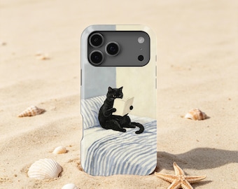 Reading Black Cat Phone Case,Oil Painting Cozy Aesthetic Cover for iPhone 17 16 15 14 13 12 11 + MagSafe, Samsung S26 S25 S24 S23 FE