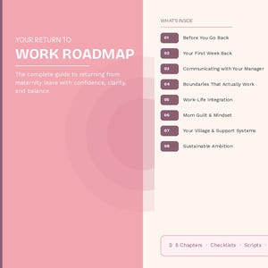 Könnte beinhalten: Ein rosa-cremefarbener Ratgeber mit dem Titel „YOUR RETURN TO WORK ROADMAP“. Der Ratgeber listet acht Kapitel auf, darunter „Before You Go Back“ und „Work-Life Integration“. Der Ratgeber soll bei der Rückkehr aus dem Mutterschaftsurlaub helfen.