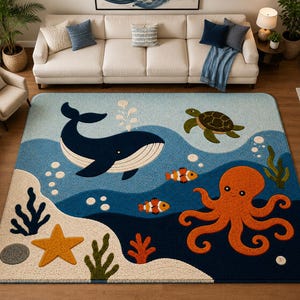 Alfombra con diseño de animales marinos, ballena, pulpo y tortuga, decoración costera para guardería, acento náutico para sala de juegos, alfombra hecha a mano para dormitorio infantil.