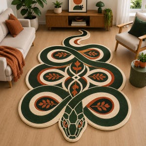 Puede incluir: Una alfombra grande con forma que presenta un diseño de serpiente estilizada en verde oscuro, crema y naranja quemado. La alfombra muestra un patrón de hojas repetitivo dentro del cuerpo enroscado de la serpiente, con una cabeza prominente.