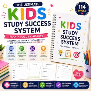 May include: A spiral-bound study planner titled The Ultimate Kids Study Success System with 114 pages. The set includes a weekly study plan, to-do list, focus challenge, and habit tracker. It features colourful text, icons, and a cup of coloured pencils.