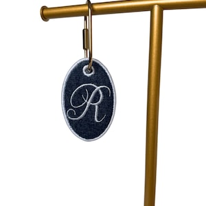 Americana Denim Embroidered Bag Tag | Personalized Oval Keychain | Cursive Initial or Custom Serif Name