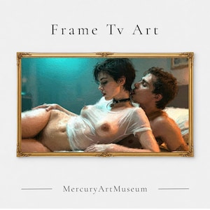 May include: A rectangular digital art print titled Frame Tv Art by MercuryArtMuseum, featuring a painting of two figures in a bed. The artwork is enclosed in an ornate gold frame and depicts a person with short dark hair wearing a white shirt.