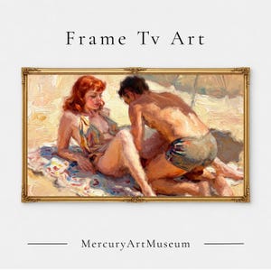May include: A rectangular digital art print for a television screen featuring an oil painting of two figures on a beach, enclosed in an ornate gold frame. The text "Frame Tv Art" and "MercuryArtMuseum" appears above and below the artwork.