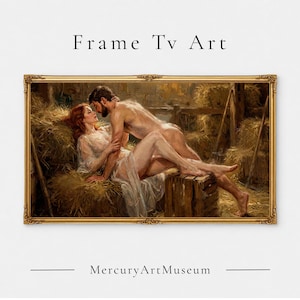 Può includere: Una stampa d'arte digitale rettangolare intitolata Frame Tv Art di MercuryArtMuseum, raffigurante un dipinto di una coppia in un fienile con fieno. La scena mostra una persona dai lunghi capelli rossi in abito bianco e una persona barbuta, entrambi parzialmente nudi.