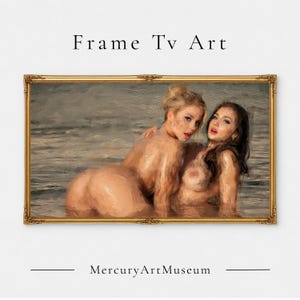 May include: A rectangular digital artwork for a television screen featuring two figures in water, presented in an ornate gold frame. The text Frame Tv Art appears above the image, and MercuryArtMuseum is printed below the framed artwork.