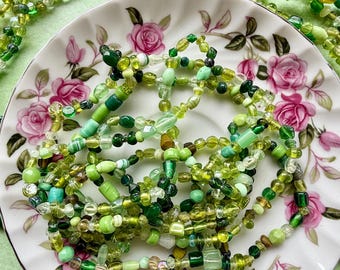 36” Spring Moss Glass Strand | 4-7mm | Small Assorted Green Bead Strands