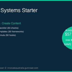 May include: A teal graphic with white text that reads "Systems Starter." Below, it lists content creation tools: a checklist with 63 checks, templates with 30 frameworks, and a formula with 50 hooks. A green circle displays "$57".