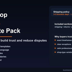Könnte beinhalten: Ein Etsy Shop Policies Template Pack mit dem Text "Etsy Shop Policies Template Pack" in Weiß und Orange. Das Paket enthält Vorlagen für Richtlinien zum Kopieren und Einfügen, Versand- und Rückgabebedingungen sowie Regeln für digitale Downloads.