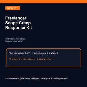 Könnte beinhalten: Digitales Kit "Freelancer Scope Creep Response Kit" auf dunkelblauem Hintergrund. Enthält Skripte, E-Mails, Klauseln und einen Workflow für Freiberufler und Dienstleister.