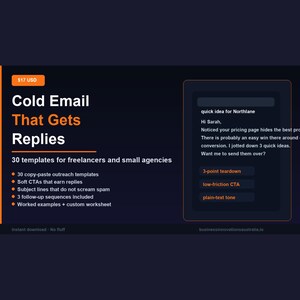 May include: An advertisement for a digital product titled "Cold Email That Gets Replies." The image displays features like copy-paste templates and follow-up sequences, along with a sample cold email. The product is aimed at freelancers and small agencies.