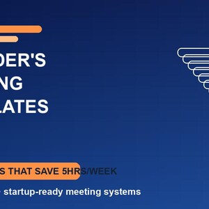 Könnte beinhalten: Dunkelblaue Grafik mit dem Text "FOUNDER'S MEETING TEMPLATES" in Weiß. Darunter steht "15 AGENDAS THAT SAVE 5HRS/WEEK" und "2031 edition • startup-ready meeting systems". Orange horizontale Linien und eine weiße Grafik sind ebenfalls vorhanden.