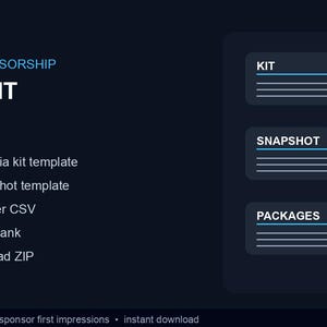 Könnte beinhalten: Dunkelblaue Grafik mit dem Text "YOUTUBE SPONSORSHIP MEDIA KIT PACK". Das Bild enthält Aufzählungspunkte mit Vorlagen und eine ZIP-Datei. Zusätzliche Abschnitte sind mit "KIT", "SNAPSHOT" und "PACKAGES" beschriftet.