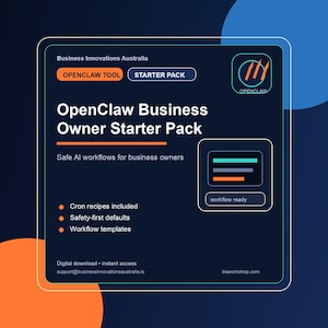 Könnte beinhalten: Dunkelblaue Grafik mit dem Text "OpenClaw Business Owner Starter Pack". Das Bild enthält das "OpenClaw"-Logo, die Wörter "OPENCLAW TOOL" und "STARTER PACK". Der Text "Safe AI workflows for business owners" ist ebenfalls enthalten.