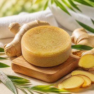 Può includere: Una saponetta rotonda marrone chiaro è appoggiata su un piccolo portasapone di legno. Radici e fette di zenzero fresco sono disposte attorno al sapone, con foglie verdi e un asciugamano bianco sullo sfondo. Il sapone ha una superficie strutturata.