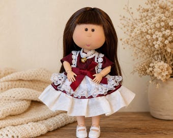 16 cm Potato Doll, 13-Joint Poseable Figure with Burgundy Lace Dress and Handmade Outfit