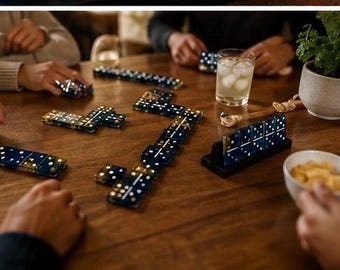 Luxury Handmade Resin Domino Set | Blue and Gold Dominoes | Custom Game Night Gift | Unique Resin Art Domino Tiles | Gift for Him, Her
