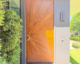 Custom Modern built exterior teak door in radial sunburst pattern