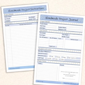 May include: Two-piece printable set for knitting and crochet projects. Includes a project instructions sheet and a project journal. Both sheets have a blue floral border and are designed for instant download and use.
