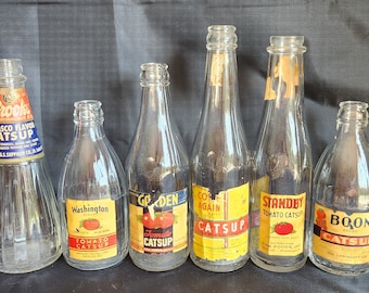 Vintage Glass Catsup Bottles with original Label, Brooks, Stanby, Garden, Washington, Come Again, Boon, Ketchup