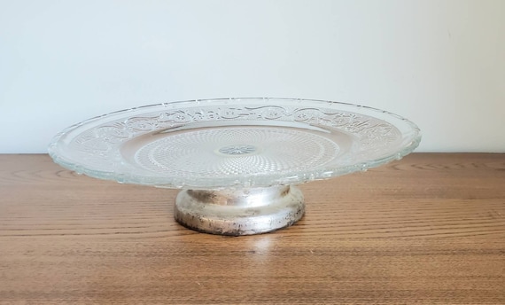 Vintage Silver Plate Sandwich Pressed Glass Pedestal Cake Plate Etsy Canada