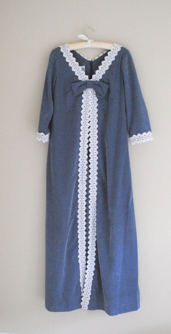 Vintage 70s Maxi Dress - Blue & White Swiss Polka 