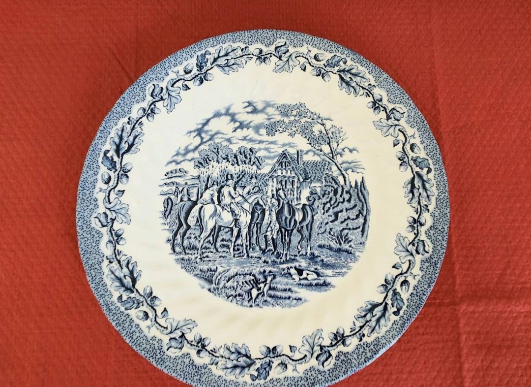 Royal Wessex England Blue Transferware Dinner Plates Swirl Rim, Blue