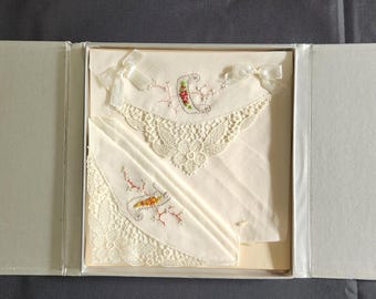 Vintage Boxed Set of 2 Hand Embroidery Finest Loom Lace Handkerchiefs Hankies in Retro Box