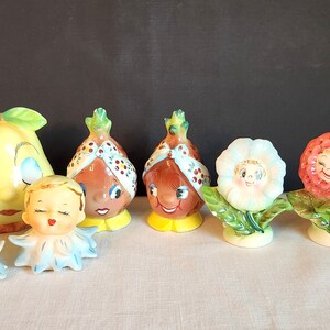 Vintage Anthropomorphic Salt Pepper Shakers PY Japan Flower, St. Clair Pear, PY Japan Pineapple, Enesco Baby Head, Pottery