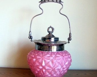 Antique Victorian Biscuit Cracker Jar Pink Satin Glass Diamond Quilt Silver Plate