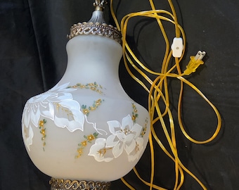 Vintage Hand Painted Frosted Glass Pendant Swag Lamp, Mid Century Retro,