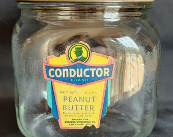 Vintage Conductor Peanut Butter Square Glass Jar with Lid 4 Pounds