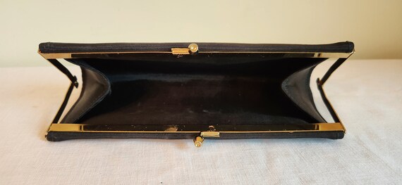 Pochette De Soirée Vintage En Cuir Noir - Intérieur Satin, Bord Métal, Occasion