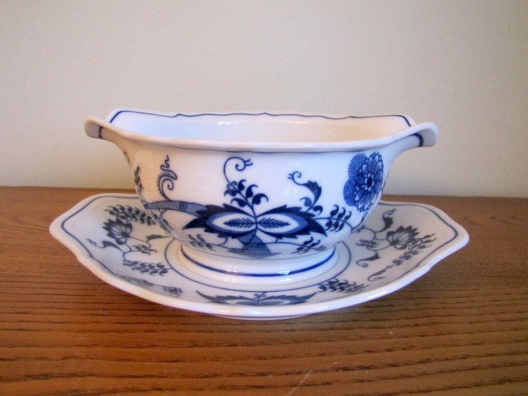Blue Danube Gravy Bowl Boat With Attached Plate and Cream Pitcher and