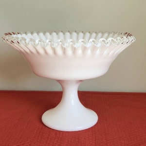 Vintage Fenton Silver Crest Milk Glass Crimped Pedestal Compote Candy Dish Bowl